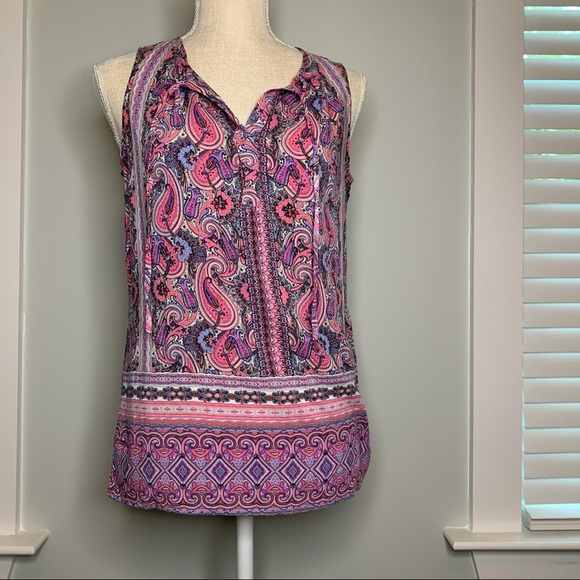 Crosby Tops - Crosby VNeck Tie Pink Paisley Top Sleeveless Med